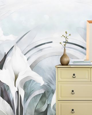 Irises and Feathers Mixed Blue Wallpaper