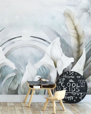 Irises and Feathers Mixed Blue Wallpaper