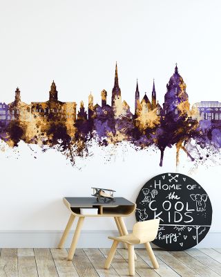 Lancaster England Skyline Purple & Gold Wallpaper