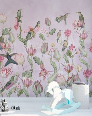 Tulips & Birds, Soft Pink Elegant Floral Wall Art