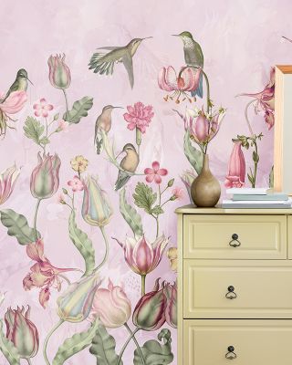 Tulips & Birds, Soft Pink Elegant Floral Wall Art