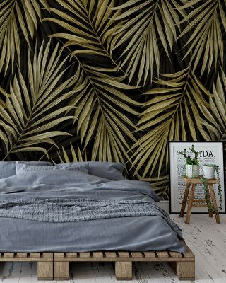 Bright Palms Pattern, Yellow Tropical Wallpaper
