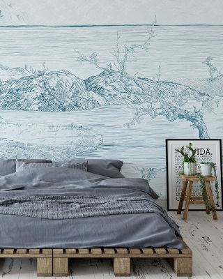 Coastal Drawing in Blue Scenic Wallpaper