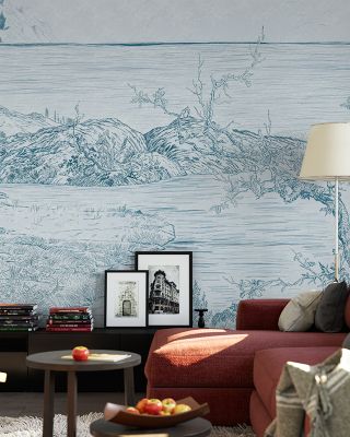 Coastal Drawing in Blue Scenic Wallpaper