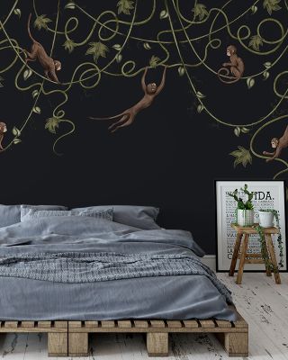 Monkey Jump, Midnight Black Tropical Wallpaper