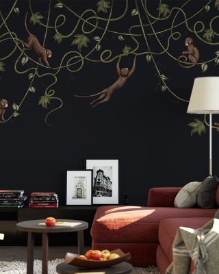 Monkey Jump, Midnight Black Tropical Wallpaper