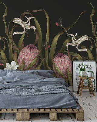 Protea Buds and Butterflies Botanical Wallpaper
