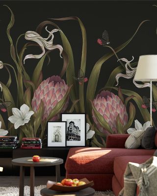 Protea Buds and Butterflies Botanical Wallpaper