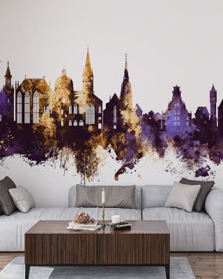 Aachen Germany Skyline Purple & Gold Wallpaper