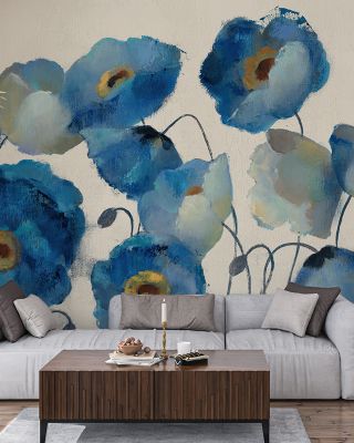Aquamarine Floral on Cream Wallpaper