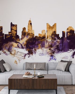 Columbus Ohio Skyline Purple & Gold Wallpaper