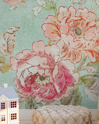 Cottage Roses I Blue Wallpaper
