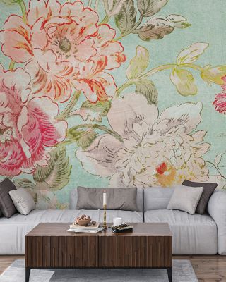 Cottage Roses I Blue Wallpaper