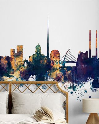Dublin Ireland Skyline Blue & Bronze Wallpaper for Modern Interiors