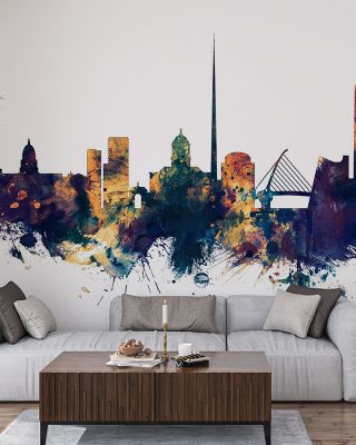 Dublin Ireland Skyline Blue & Bronze Wallpaper for Modern Interiors