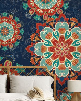 Folk Floral VIII Dark Wallpaper for Artistic Decor