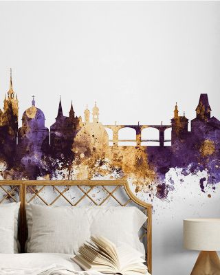 Fribourg Switzerland Skyline Purple & Gold Wallpaper