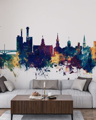 Iowa City Skyline Blue & Bronze Wallpaper