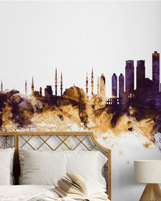 Istanbul Turkey Skyline Purple & Gold Wallpaper