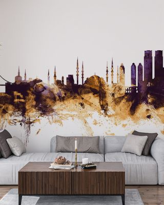 Istanbul Turkey Skyline Purple & Gold Wallpaper