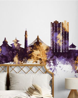Kathmandu Nepal Skyline Purple & Gold Wallpaper