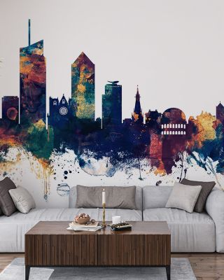 Lyon France Skyline Blue & Bronze Wallpaper