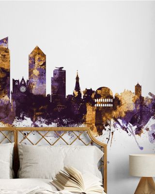Lyon France Skyline Purple & Gold Wallpaper