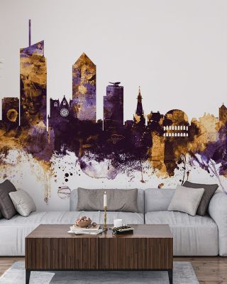 Lyon France Skyline Purple & Gold Wallpaper