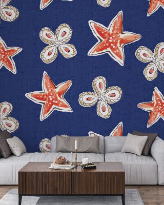 Maritime Stars Red on Blue Wallpaper for Nautical Spaces
