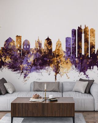 Naples Italy Skyline Purple & Gold Wallpaper