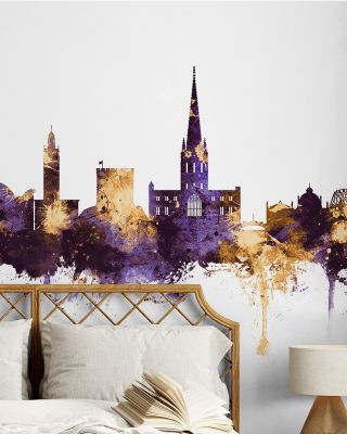 Norwich England Skyline Purple & Gold Wallpaper