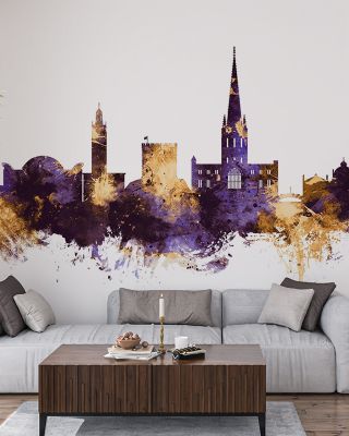 Norwich England Skyline Purple & Gold Wallpaper