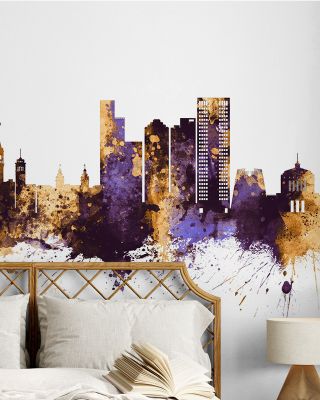 Oakland California Skyline Purple & Gold Wallpaper