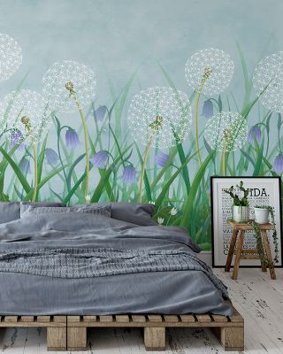 Dandelion Meadow, Blue Floral Wallpaper