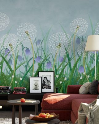 Dandelion Meadow, Blue Floral Wallpaper