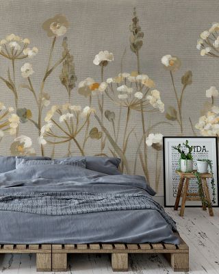 Delicate Garden Neutral Canvas Botanical Wallpaper