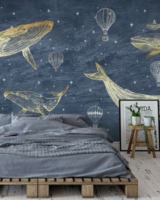 Whales in The Sky with Balloons, Washed Whimsical Wallpaper