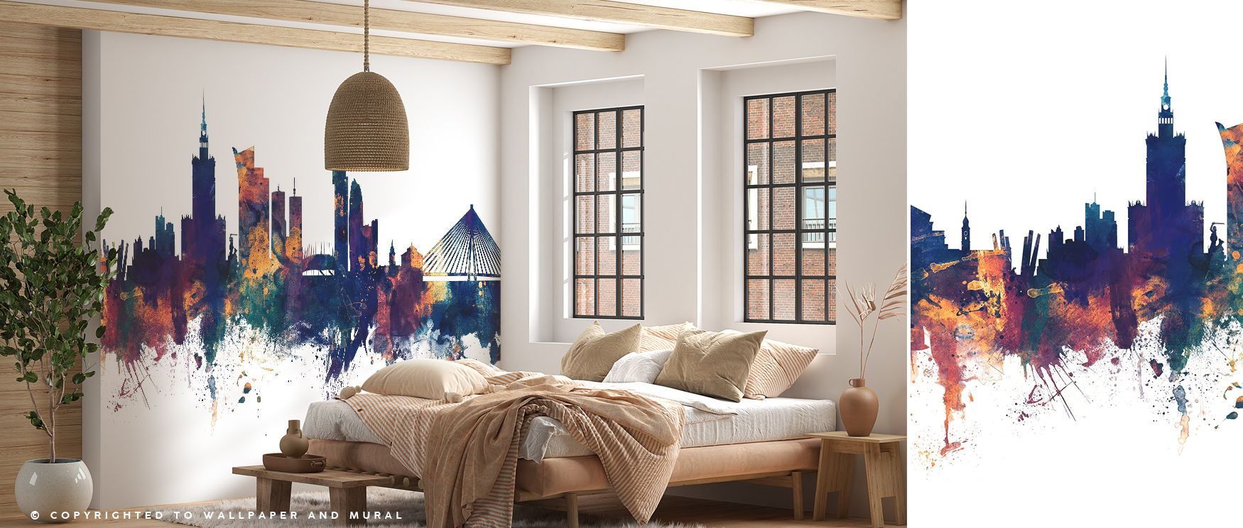 Metallic highlights weave through Warsaw Poland Skyline Blue & Bronze Wallpaper, giving life to its structural beauty. The harmonious contrast of bronze and blue creates elegant atmosphere within rooms embracing balance, light, and design integrity. 