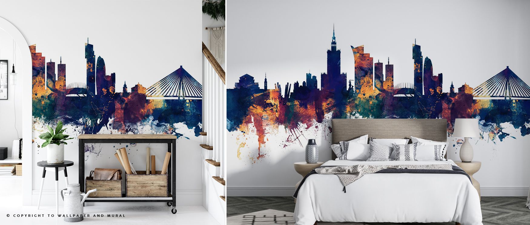 Gentle reflections shimmer across Warsaw Poland Skyline Blue & Bronze Wallpaper, creating depth and motion. The skyline glows softly, enhancing contemporary interiors with a sense of composure and refined urban pride. 