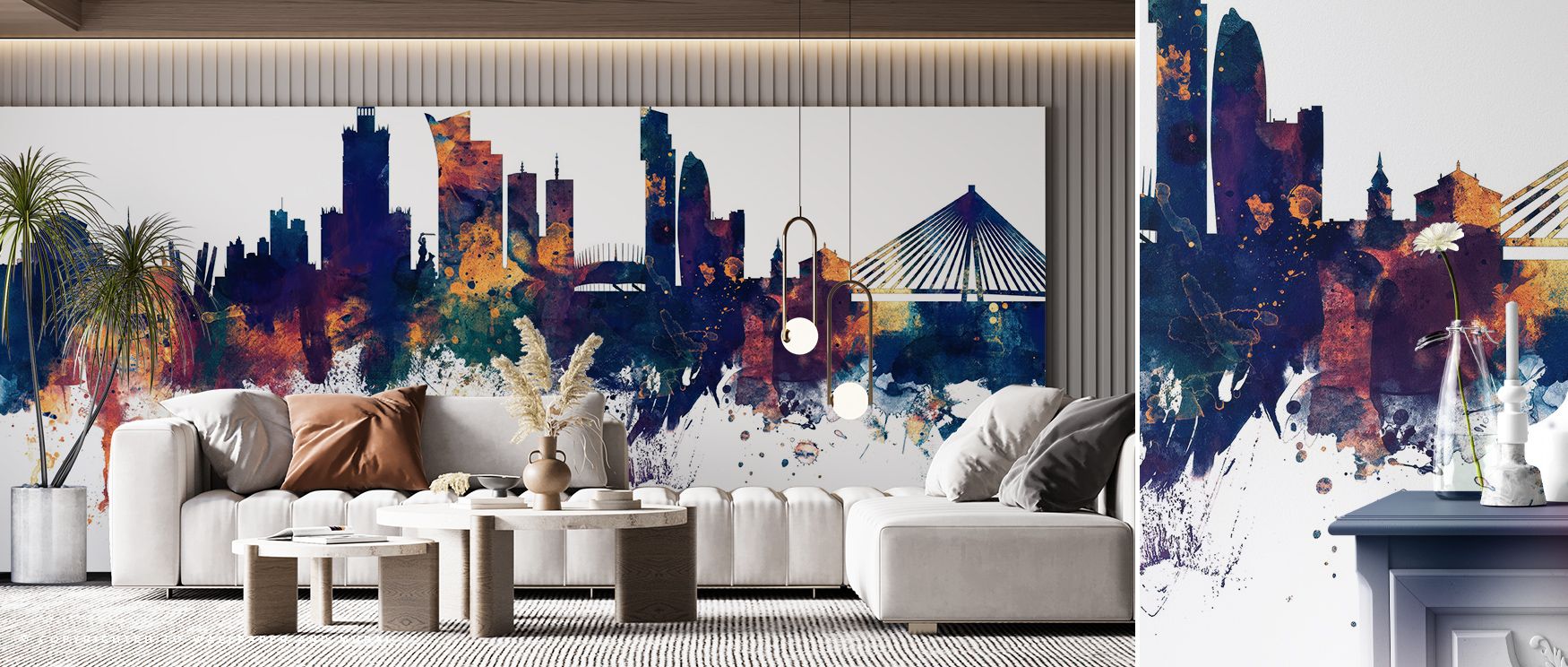 Structured beauty defines Warsaw Poland Skyline Blue & Bronze Wallpaper. Its artistic layering captures modern expression and subtle power, adorning creative studios or tranquil lounges with elegance and harmonious balance. 