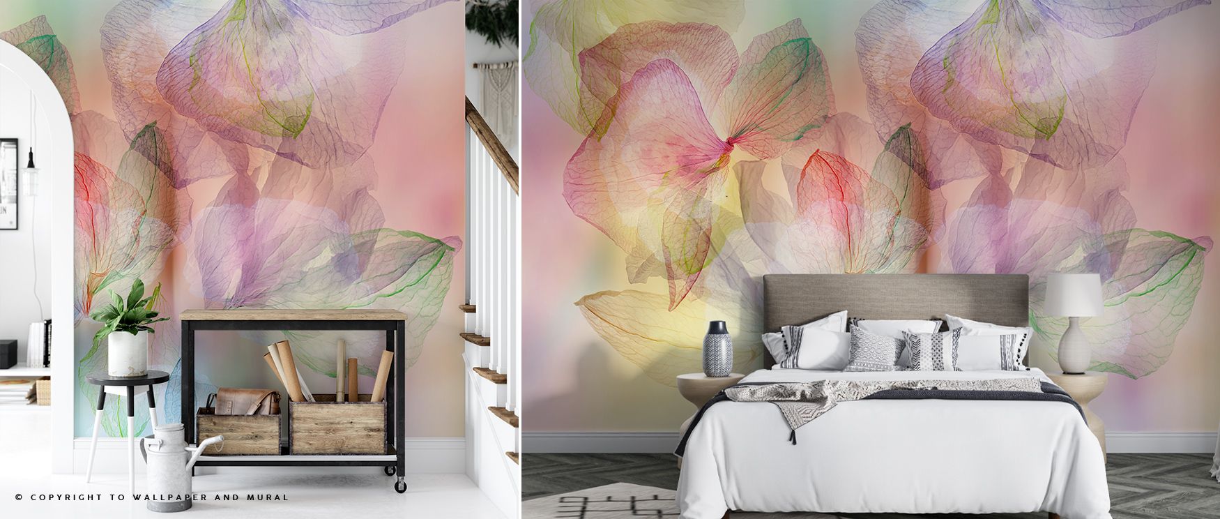 Delicate color transitions illuminate Weightless Bouquet Wallpaper, portraying beauty in its purest form. Its light palette and flowing details enrich interiors with soft luminosity and floral stillness. 