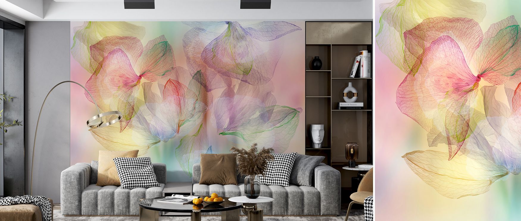 Each contour of Weightless Bouquet Wallpaper mirrors the fluidity of petals in breeze. The harmony between texture and tone inspires calm reflection and visual peace within graceful interiors. 