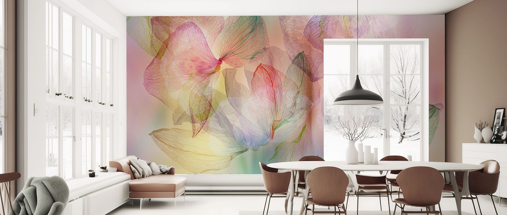 Weightless Bouquet Wallpaper reveals nature’s quiet poetry through pastel radiance and transparent layering. Its light tones soften spaces, evoking balance, comfort, and airy grace. 