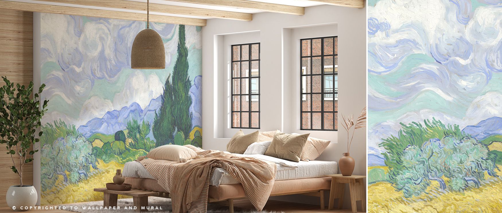 Wheat Field with Cypresses Wallpaper unfolds in waves of gold and green that evoke nature’s poetic rhythm. Its luminous composition brings living rooms or tranquil lounges a sense of rural peace and artistry inspired by timeless pastoral beauty. 