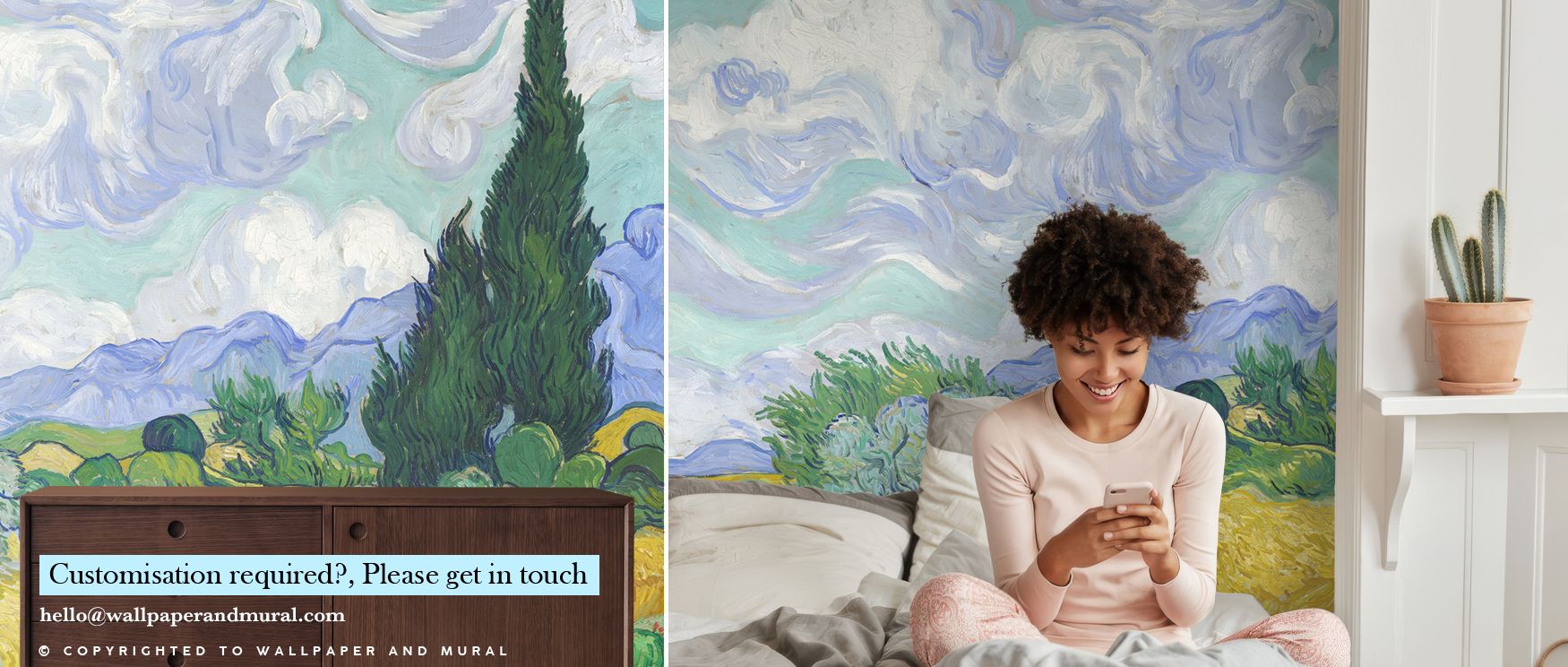Golden light glides across Wheat Field with Cypresses Wallpaper, illuminating textured strokes of grain and sky. Its serene transitions capture both energy and calm, transforming interiors into reflective landscapes of warmth and balance. 