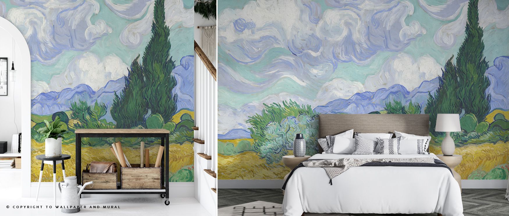 In Wheat Field with Cypresses Wallpaper, soft layers of amber and blue blend into quiet continuity. The design radiates calm elegance, enriching modern spaces with natural vitality and artistic soul. 