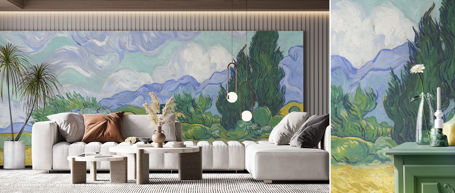 Wheat Field with Cypresses Wallpaper paints a dialogue between wind and color. Its brushwork breathes motion and peace, offering interiors visual depth and tranquility inspired by the natural world. 
