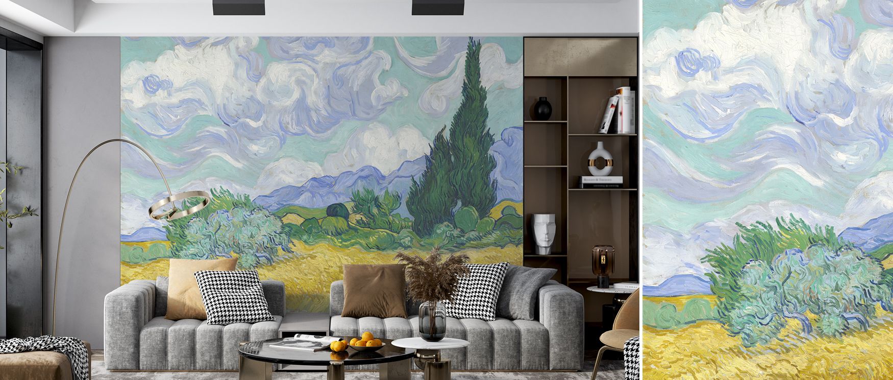 Soft light moves through Wheat Field with Cypresses Wallpaper, highlighting the organic motion of field and sky. Its layered colors and tactile brushwork lend warmth to spaces seeking connection and calm. 
