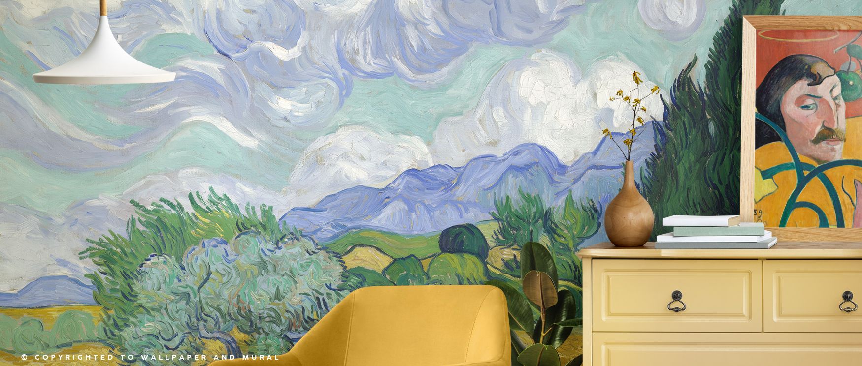 Through painterly grace, Wheat Field with Cypresses Wallpaper captures sunlit serenity. Its balanced tones of green, gold, and azure infuse rooms with open-air charm and pastoral authenticity. 
