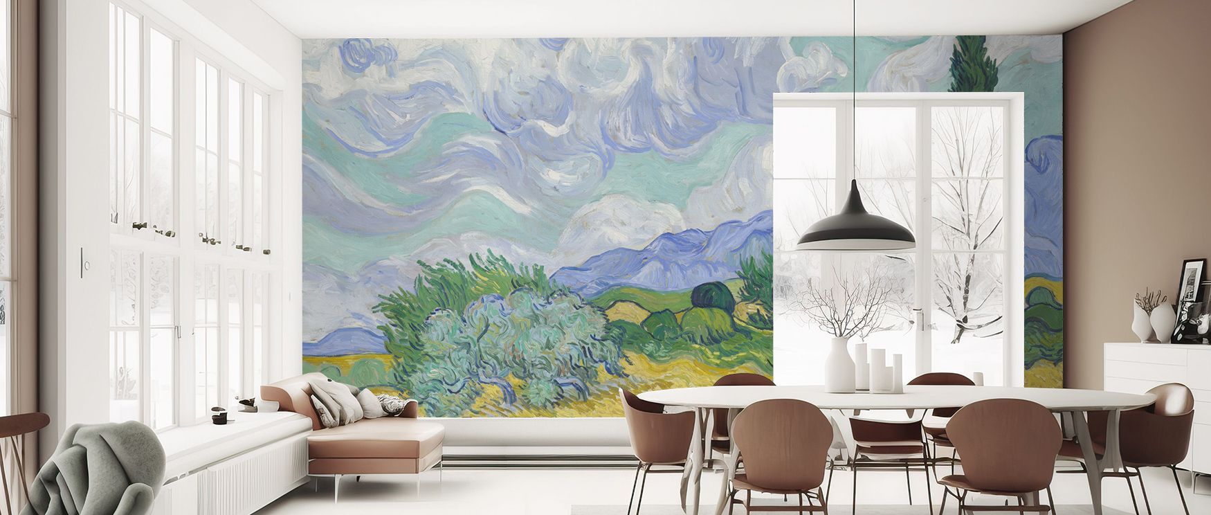 Wheat Field with Cypresses Wallpaper evokes rural majesty through fluid tone and textured layering. Its visual rhythm creates a sense of harmony ideal for serene interiors grounded in art and nature. 